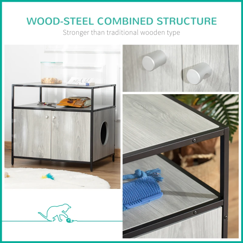 PawHut Wooden Cat Litter Box Enclosure, Hidden Kitten Washroom, Indoor End Table with Magnetic Doors & Storage Shelves, Gray