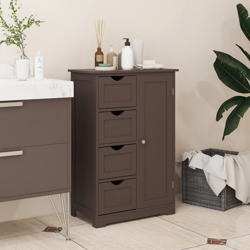 kleankin Bathroom Storage Cabinet, Floor Cabinet with Adjustable Shelf and 4 Drawers, Side Cabinet for Washroom, Brown