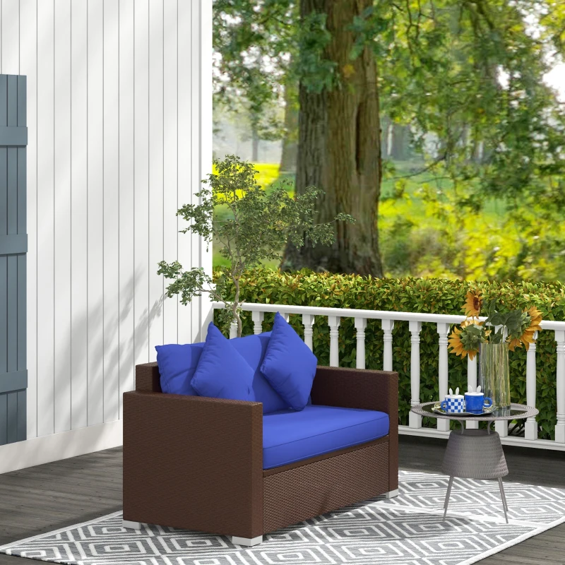 Outsunny Wicker Loveseat, Patio Furniture Couch with Cushions, 2 Seat PE Rattan Sofa, 2 Throw Pillows, Blue