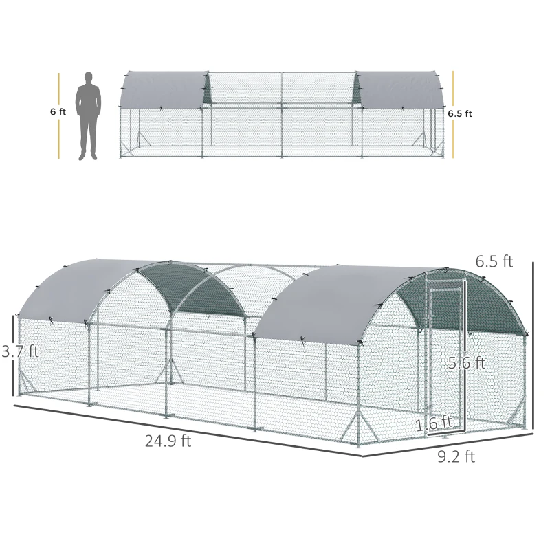 PawHut Large Metal Chicken Coop with Waterproof and Anti-UV Cover for Yard, Outdoor, Duck, Rabbit, 9.2' x 24.9' x 6.5'