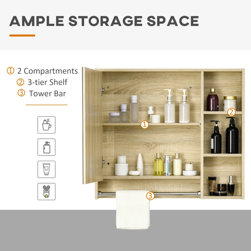 kleankin Wall Mounted Medicine Cabinet, 31.5"W x 27.5"H Bathroom Mirror Cabinet with Tower Bar, Single Mirrored Door, Shelves, Natural