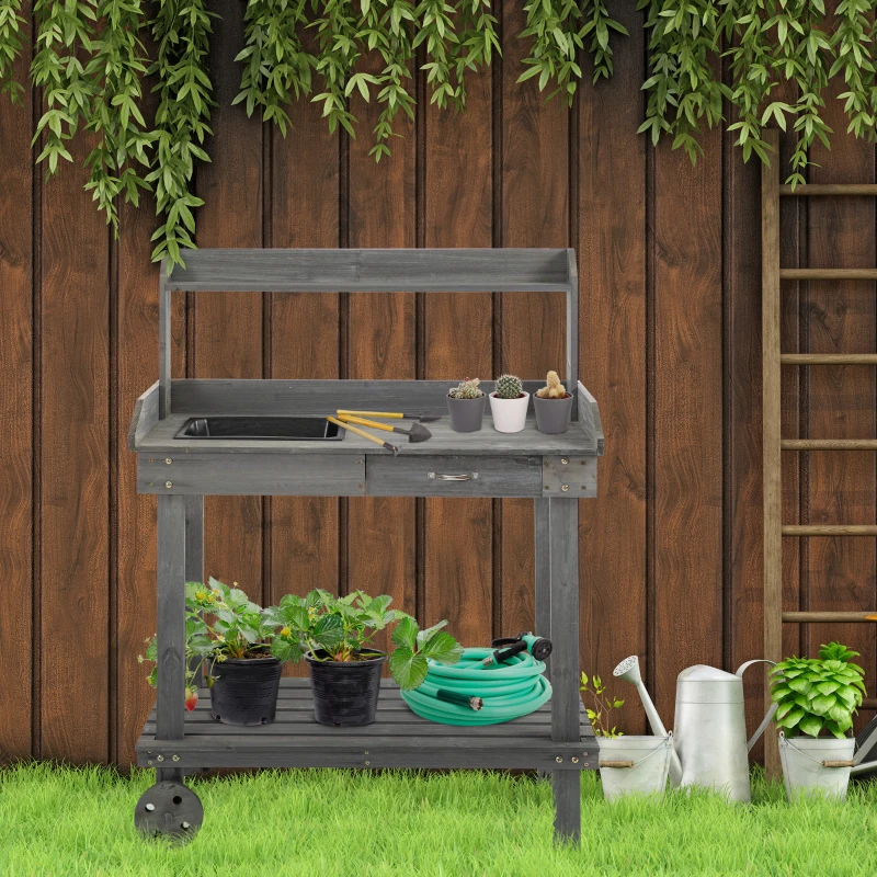 Outsunny 36" Wooden Potting Bench Work Table with 2 Removable Wheels, Sink, Drawer & Large Storage Spaces, Gray