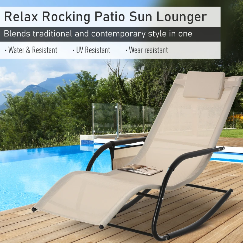 Outsunny Outdoor Rocking Chair, Chaise Lounge Pool Chair for Sun Tanning, Sunbathing, a Rocker with Side Pocket, Armrests & Pillow for Patio, Lawn, Beach, Cream White