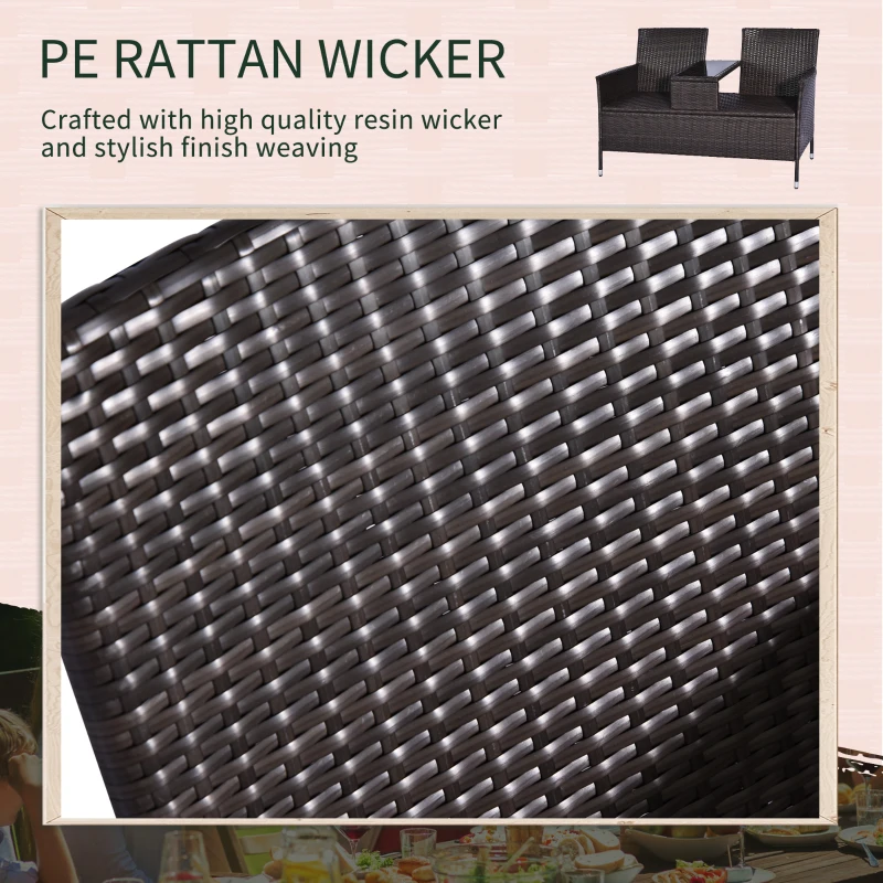 Outsunny Outdoor Patio Loveseat Conversation Furniture Set, Cushions & Built-in Coffee Table, Small 2-in-1 2 Person Seating for Front Porch, Balcony, Brown