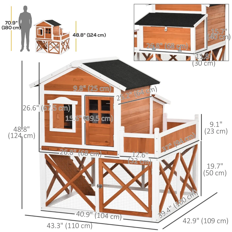 PawHut 44" Chicken Coop, Wooden Hen Run House, Rabbit Hutch with Nesting Box, Removable Tray, Asphalt Roof, Planting Lattice, Orange