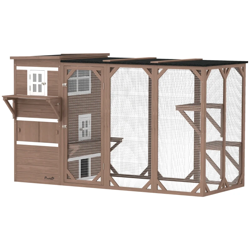 PawHut Wooden Cat Catio, 76"L Walk in Outdoor Cat House with Asphalt Roof, Platforms, Lockable Doors for 2-3 Cats, Brown