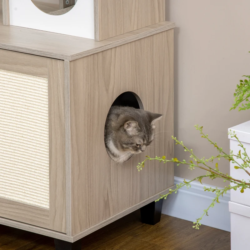 PawHut Cat Litter Box Enclosure Furniture with Cat Tree, Hidden Litter Box with Scratching Post, Bed, Modern Cat House Indoor, Gray