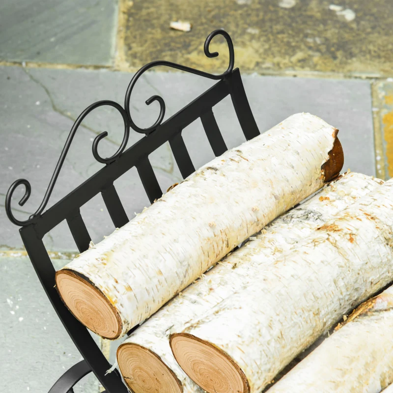 Outsunny 23" Firewood Log Rack Curved Fireplace Log Holder Stylish Wood Storage Carrier with Scrolls, for Outdoor and Indoor Use, Black