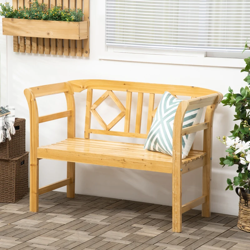 Outsunny Outdoor Wooden Bench, Patio Loveseat Chair with Stylish Pattern Backrest and Armrests for Yard, Lawn, Porch, Natural