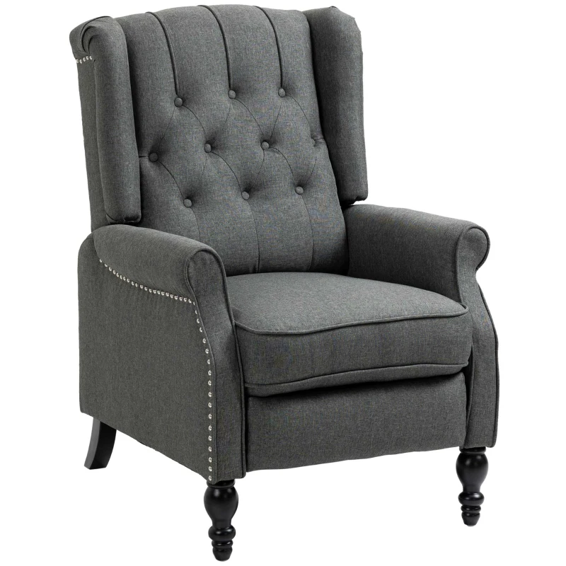 HOMCOM Wingback Reclining Chair with Footrest, Button Tufted Recliner Chair with Rolled Armrests for Living Room, Dark Grey