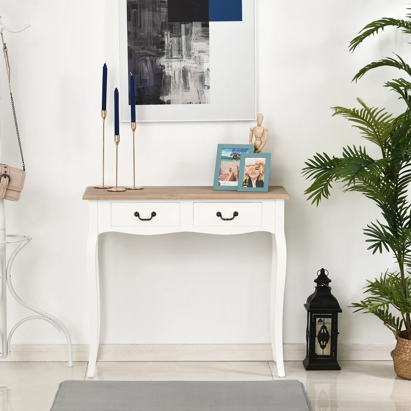 HOMCOM Entryway Console Table with 2 Convenient Storage Drawers, Tabletop for Display, and Vintage Design, White