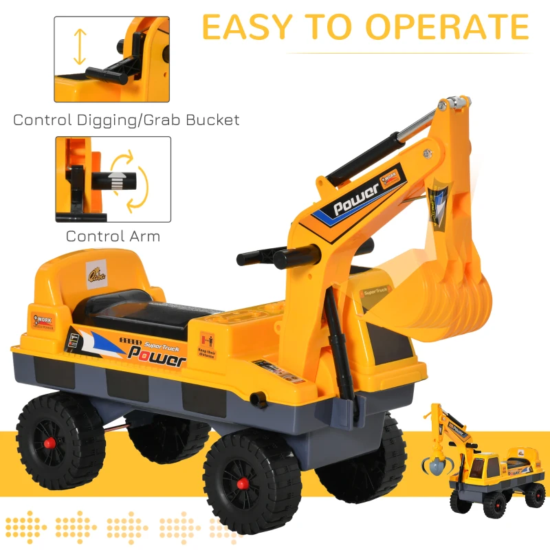 Qaba No Power 2 in 1 Ride On Excavator with Helmet and Claw, Construction Truck Set, Multi-Functional Digger with Storage, Light and Music, Yellow