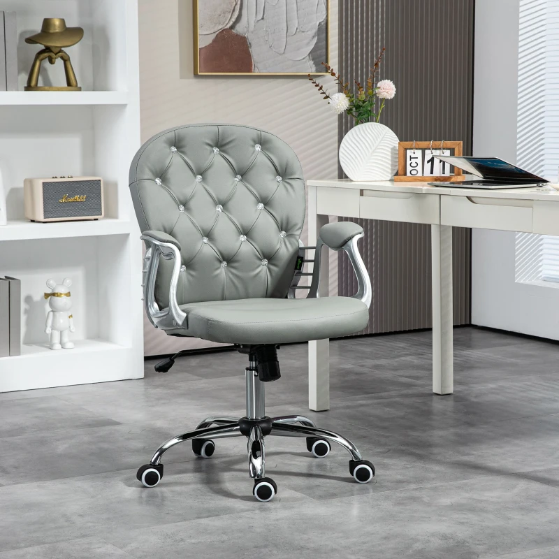 Vinsetto Button Tufted Desk Chair, Home Office Chair with Padded Armrests, Adjustable Height and Swivel Wheels, Gray
