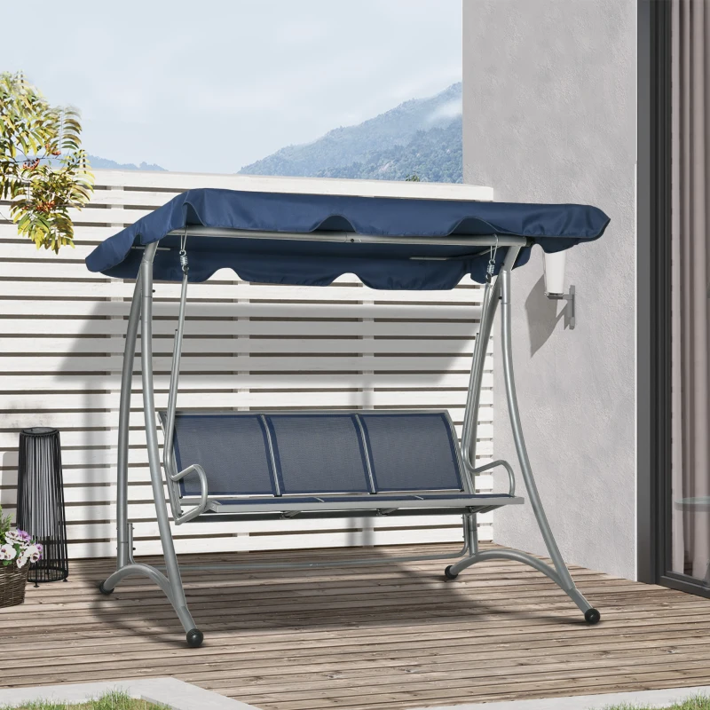 Outsunny 3-Seater Outdoor Swing Chair Bench with Adjustable Canopy, Dark Blue