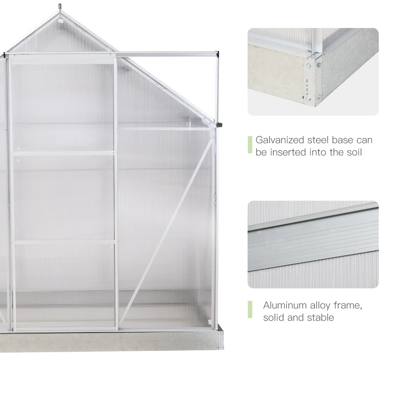 Outsunny 6' x 4' Hobby Greenhouse, Walk-in Polycarbonate Hot House Kit with Aluminum Frame, Sliding Door, Roof Vent, Silver