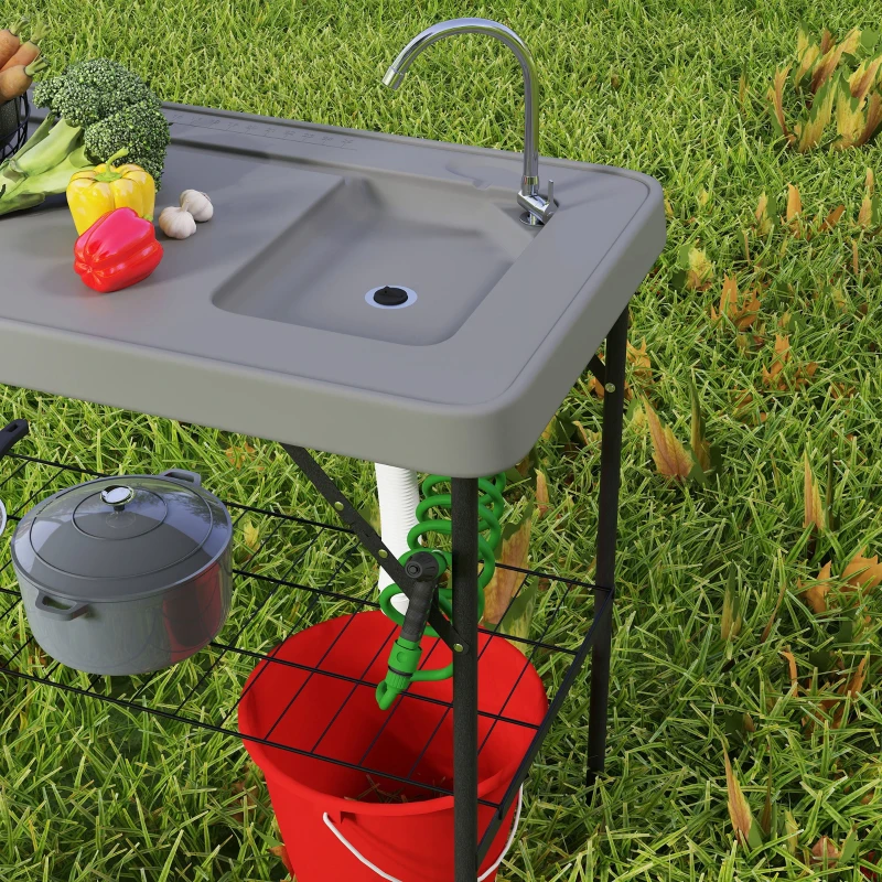 Outsunny Folding Fish Cleaning Table with Sink, Portable Camping Table with Faucet, Drainage Hose, Sprayer and Shelf, Gray