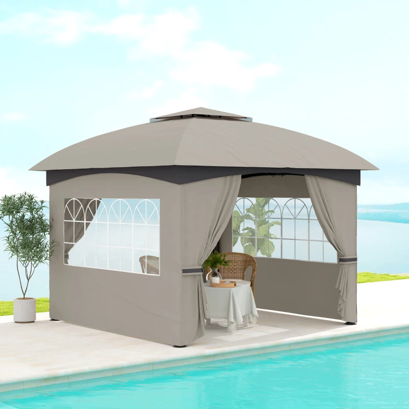 Outsunny 11' x 11' Outdoor Gazebo, Double Roof Patio Gazebo with Curtains, Church Windows, Galvanized Steel Frame, Light Gray