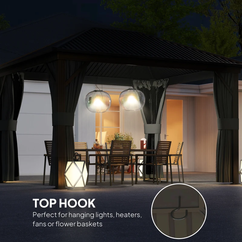 Outsunny 10' x 12' Outdoor Hardtop Gazebo Metal Roof Patio Gazebo with Aluminum Frame, Mesh Nettings, Dark Grey