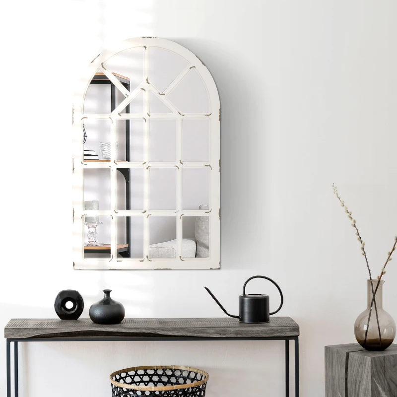 HOMCOM 43x27.5 inch Decorative Wall Mirror, Arch Windowpane Mirror for Wall in Living Room, Bedroom, Rustic White