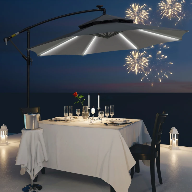 Outsunny 10FT Cantilever Patio Umbrella with Lights Solar Powered Offset Umbrella with Crank and Cross Base for Deck Grey
