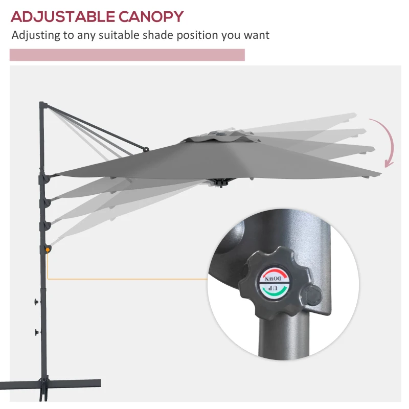 Outsunny 10 FT Cantilever Umbrella, Aluminum Hanging Offset Umbrella with 360°Rotation, Crank, Tilt, Cross Base, Grey