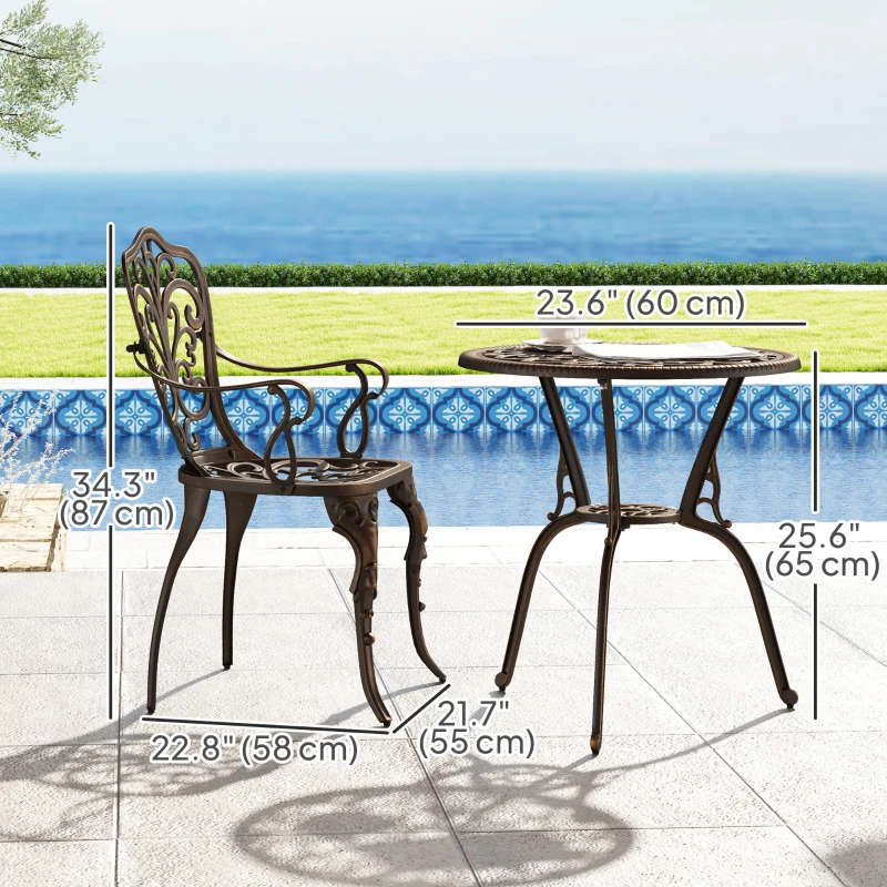 Outsunny 3 Pieces Cast Aluminum Bistro Set, Outdoor Patio Furniture Set with Umbrella Hole for Garden Balcony, Bronze