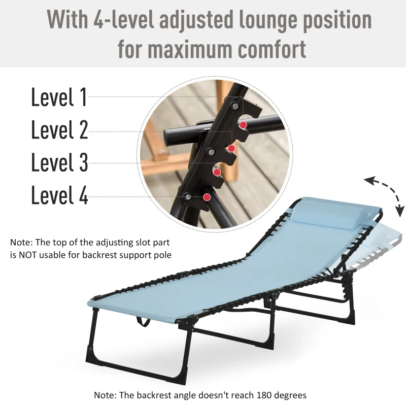 Outsunny Outdoor Folding Lounge Chair, 4-Level Adjustable Chaise Lounge with Headrest, Tanning Chair Beach Bed, Reclining Lounger Cot for Camping, Hiking, Backyard, Light Blue