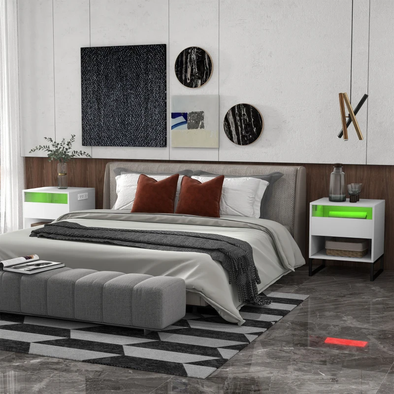 HOMCOM Bedside Table Set of 2, Side End Tables with Charging Station and USB Ports, LED Lights, 19" x 17" x 22", White