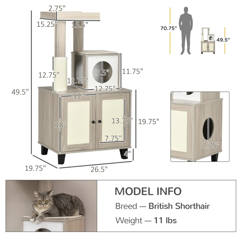 PawHut Cat Litter Box Enclosure Furniture with Cat Tree, Hidden Litter Box with Scratching Post, Bed, Modern Cat House Indoor, Gray