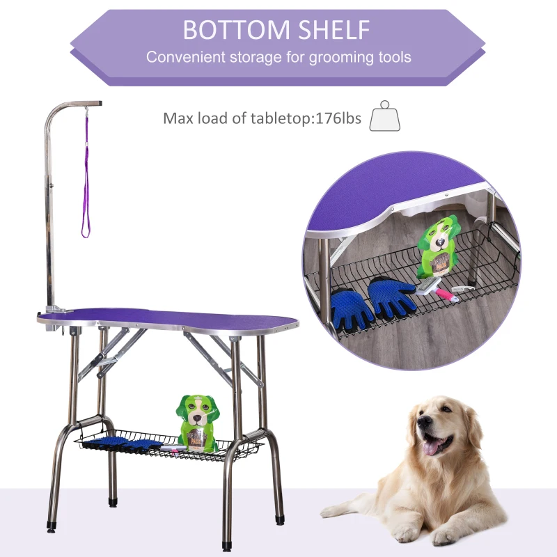 PawHut 37" Foldable Pet Grooming Table Dog Drying Table with Adjustable Arm Non-Slip Rubber Tabletop Aluminium Alloy Edge Stainless Steel Bar Hanging Leash Purple