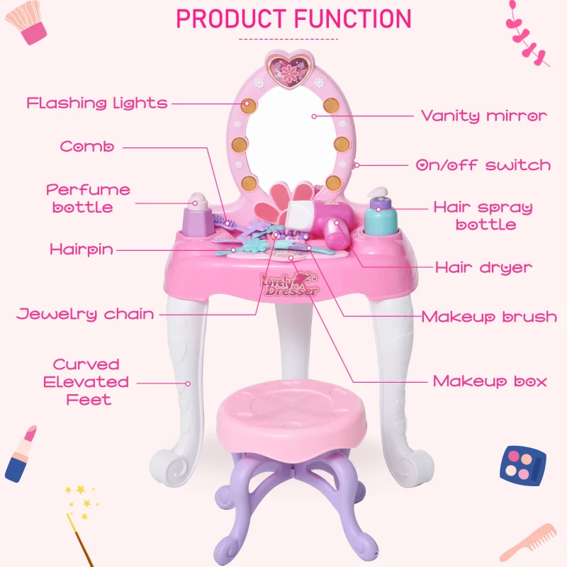 Qaba Kids Vanity Table and Chair Beauty Pretend Play Set with Mirror Lights Sounds & Pretend Beauty Makeup Accessories for Girls 3+ Years Old