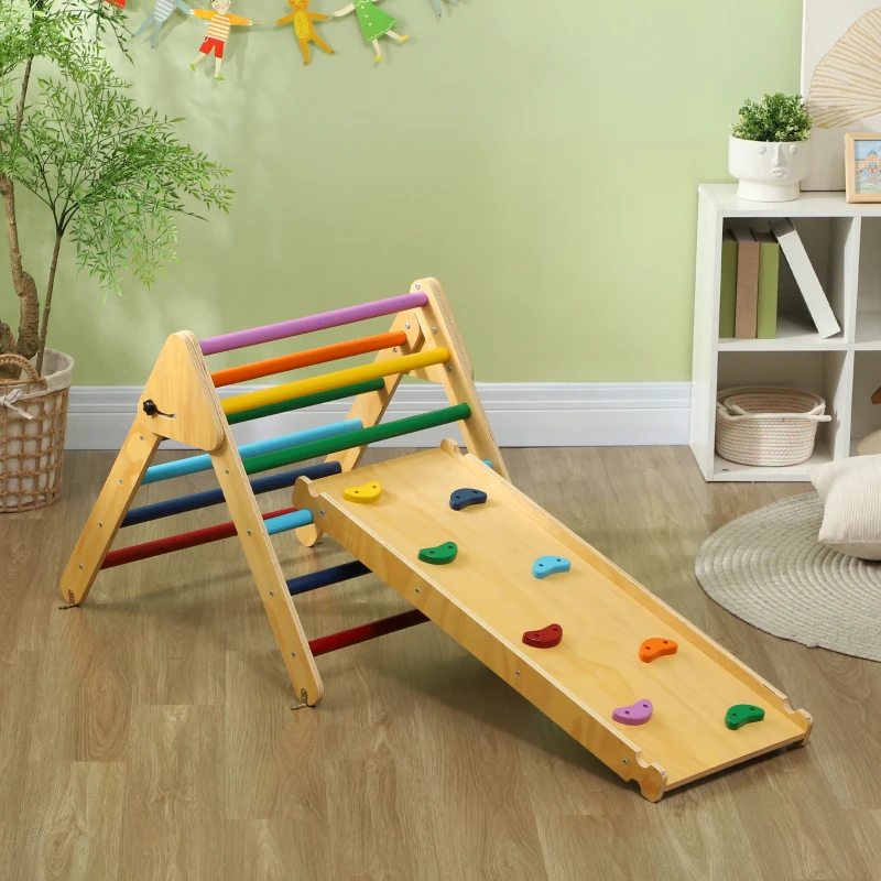 Qaba Pikler Triangle Set, 3 in 1 Climbing Toys with Ramp for Toddlers, Nature Wood