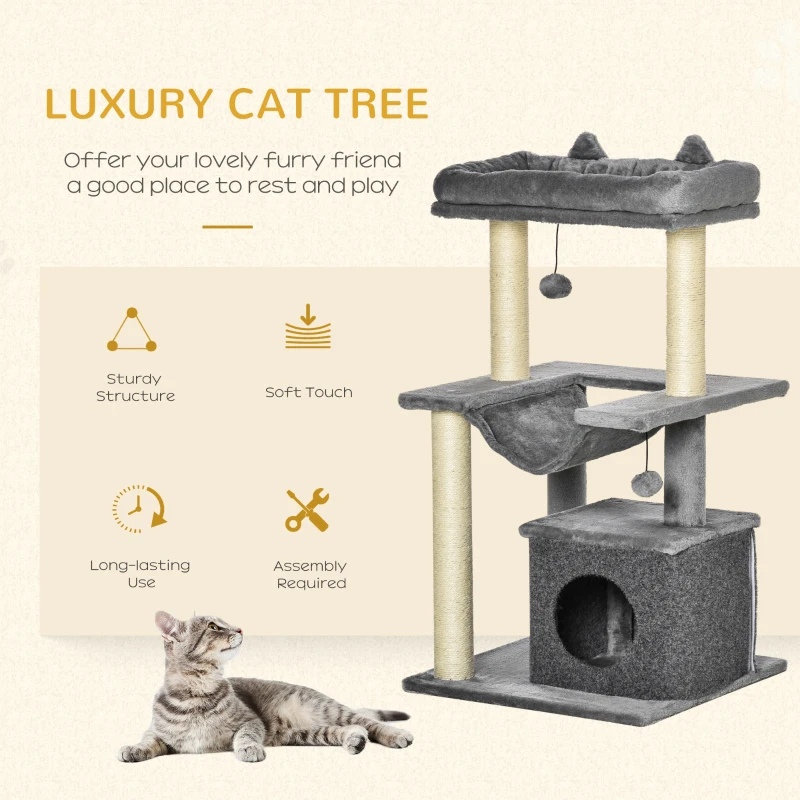 PawHut 39.25'' Cat Tree Tower Multi-Level Kitten House with Scratching Post Condo Hammock Bed Ball Toy - Grey