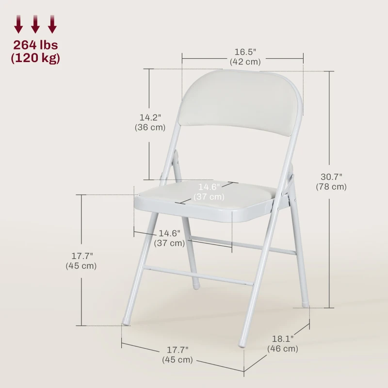 HOMCOM Set of 2 Metal Foldable Chairs, PU Leather Padded Folding Chairs with Cushion Seat and Open Back for Indoor, White