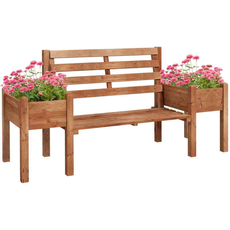 Outsunny Wood Outdoor Bench with Planter Boxes 2-Seater Garden Bench with Slat Seat and Back Dark Brown