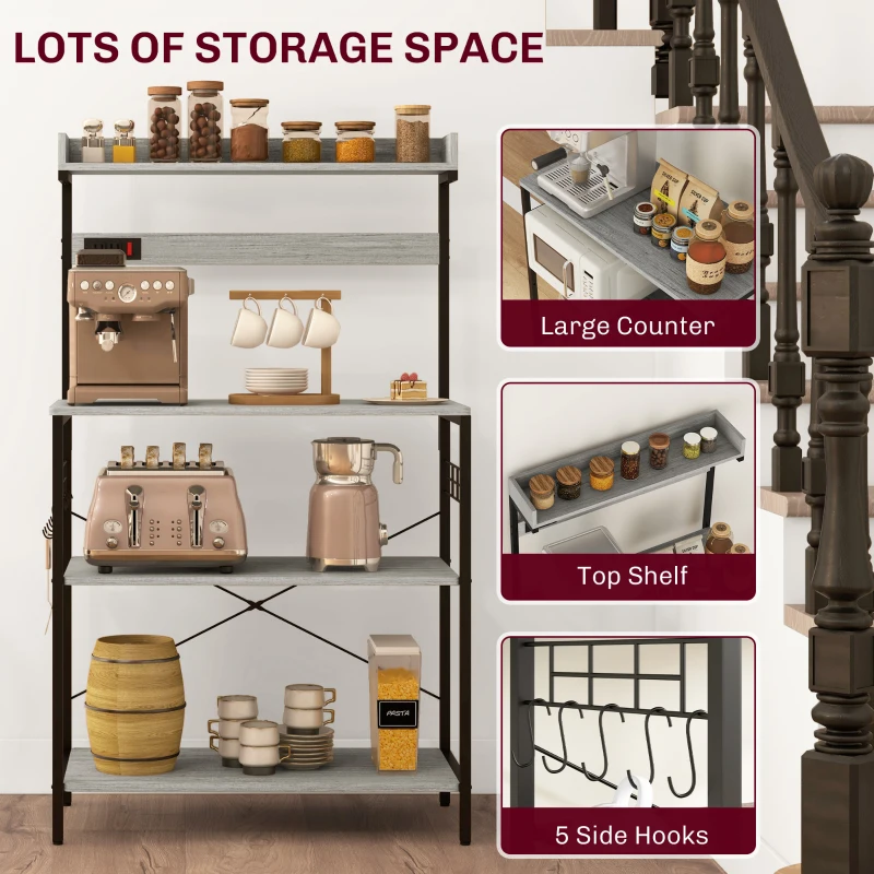 HOMCOM Kitchen Baker's Rack with Power Outlet, Coffee Bar Station with Adjustable Shelves and Hooks, Distressed Grey