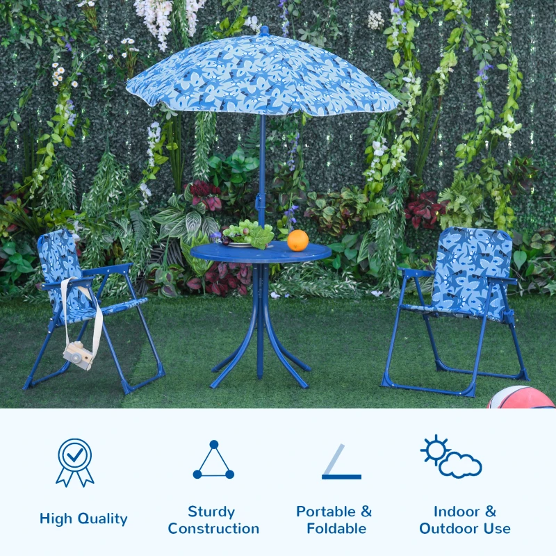 Outsunny Kids Folding Table and Chairs Set for Outdoor Garden Patio Backyard with Removable & Height Adjustable Sun Umbrella, Blue