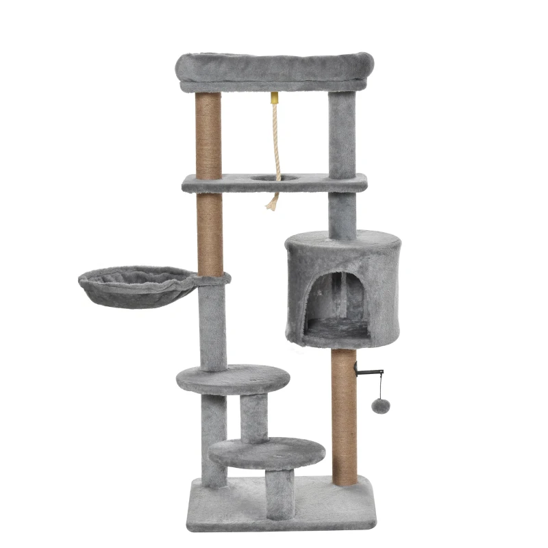 PawHut Cat Tree, 47 Inches Multi-Level Cat Tower with Scratching Post, Hammock, Cat Condo, Perch, Toy Ball, Tall Cat Tree for Indoor Cat, Grey