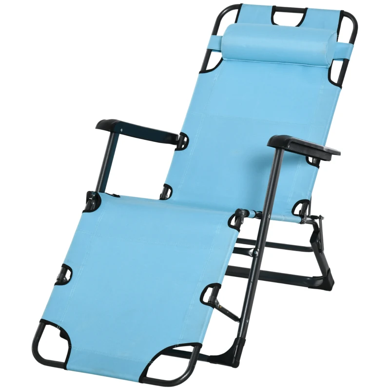 Outsunny Folding Chaise Lounge Chair for Outside, 2-in-1 Tanning Chair with Pillow & Pocket, Adjustable Pool Chair for Beach, Patio, Lawn, Deck, Blue