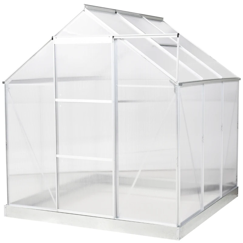 Outsunny 6' x 6' Hobby Greenhouse, Walk-in Polycarbonate Hot House Kit with Aluminum Frame, Sliding Door, Roof Vent, Silver