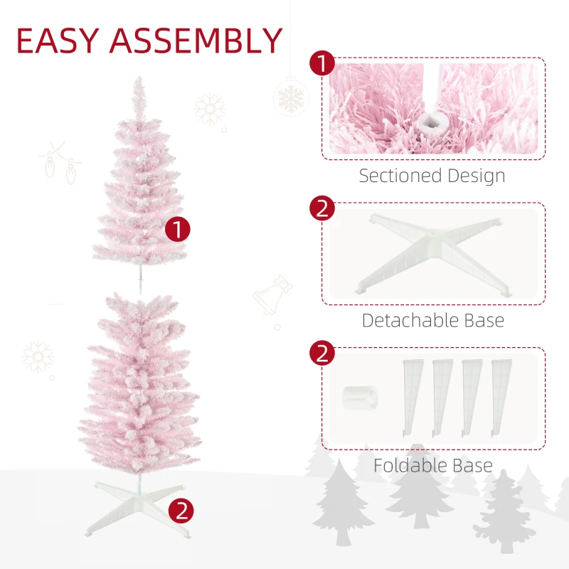 HOMCOM 5ft Flocked Christmas Tree, Pencil Artificial Christmas Tree with Realistic Branches, Pink