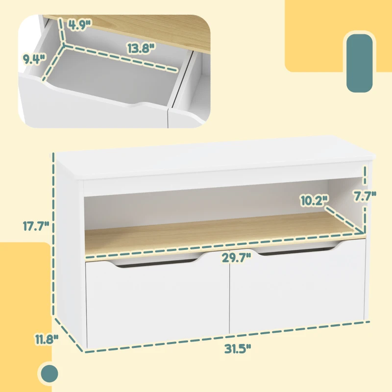 Qaba Toy Storage Organizer with 2 Drawers, Toy Shelf, Large Top, for Bedroom, Nursery, Living Room, White