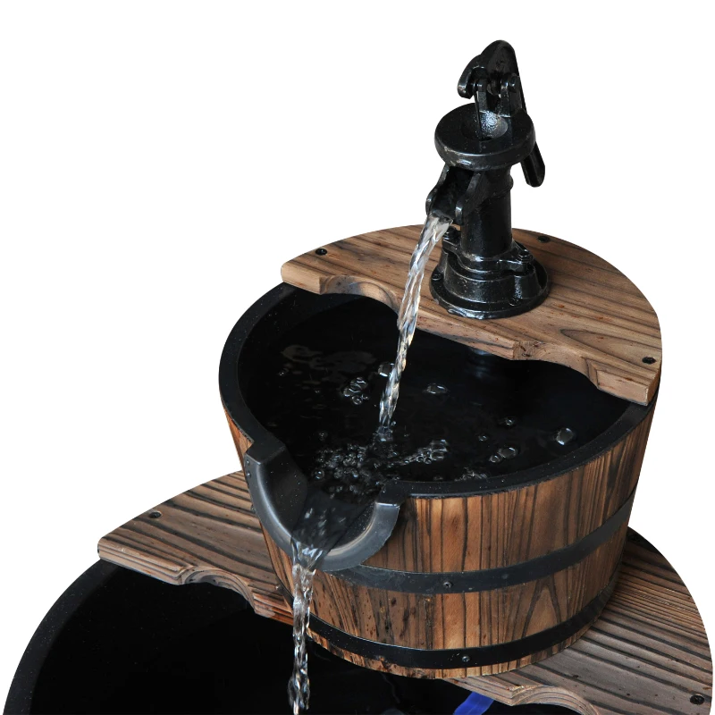 Outsunny 2-Tier Wooden Barrel Water Fountain with Electric Pump Cascading Feature Outdoor Indoor Decoration