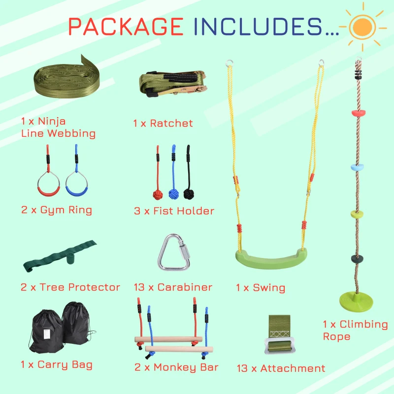 Outsunny Ninja Warrior Obstacle Course Slackline Line for Kids with Monkey Bars Gymnastics Rings Swing Climb Rope Fists Training Equipment Set for Backyard Playground