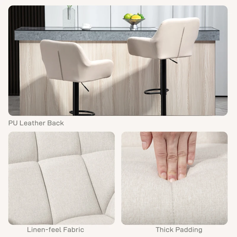 HOMCOM Swivel Barstools Set of 2 Adjustable Bar Stools with Footrest Armrests and PU Leather Back for Dining Room Cream White