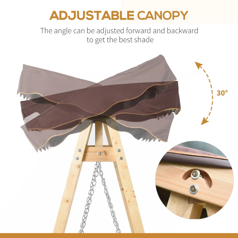 Outsunny Wooden Porch Swing Bench, 2-Seater Outdoor Swing Glider with Adjustable Canopy, Adjustable Hanging Chains, A-Frame, for Garden, Poolside, Backyard, Brown