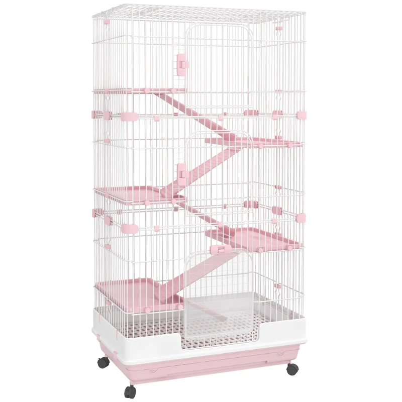 PawHut 32"L 6-Level Small Animal Cage with Universal Lockable Wheels, Pink