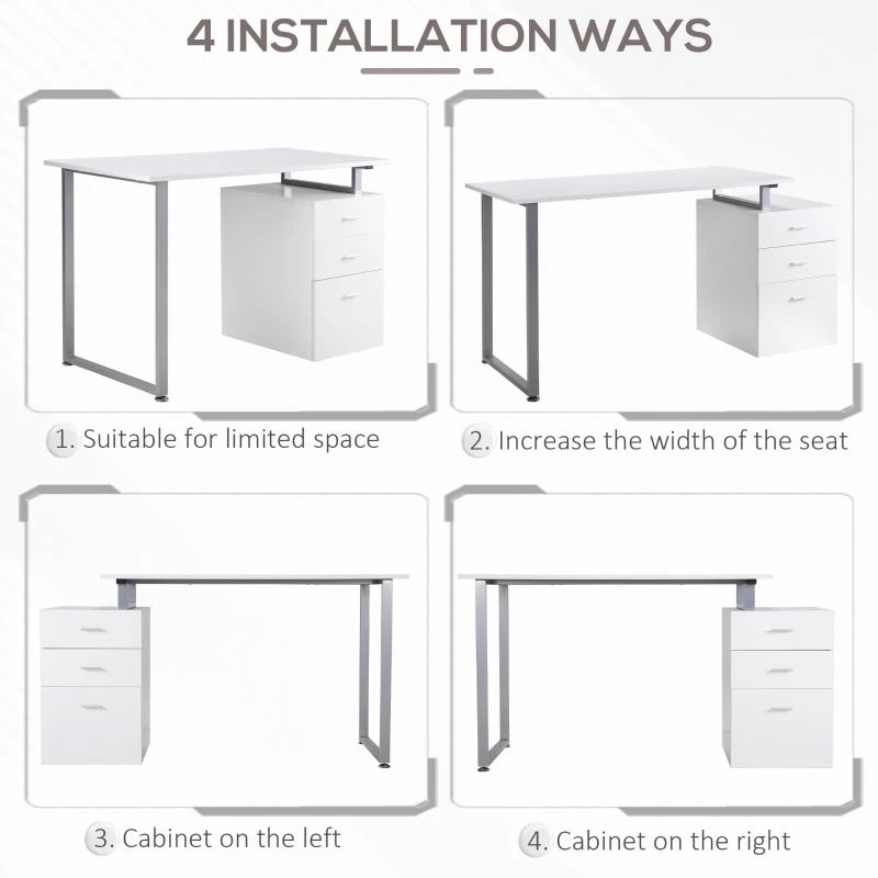 HOMCOM 47" Computer Desk Writing Table Workstation with Multi-Use Reversible File Drawers Metal Frame Home Office Furniture, White