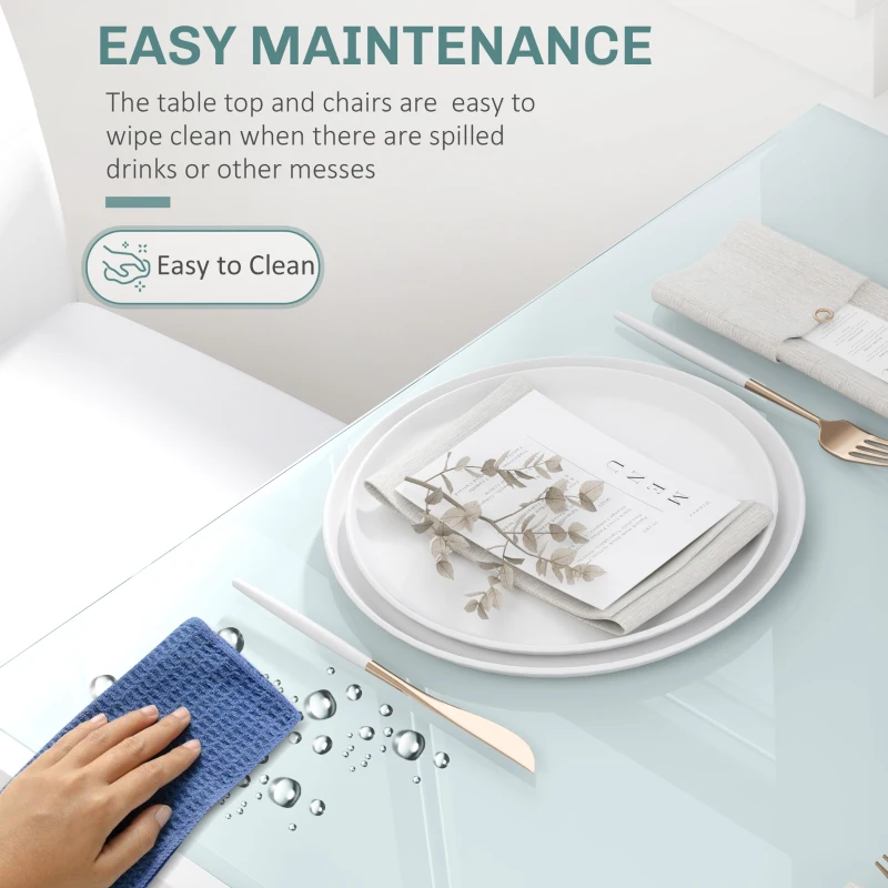 HOMCOM 3-Piece Rectangular Glass Kitchen Table and Chairs with Metal Frame and Faux Leather Upholstery for Dining Room, White