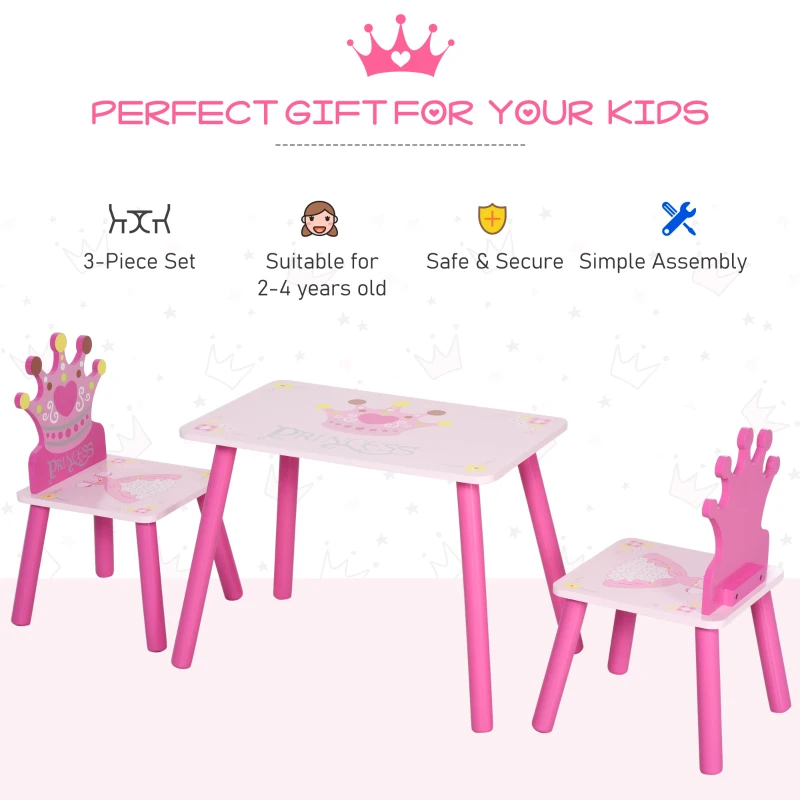 Qaba 3-Piece Set Kids Wooden Table Chair with Crown Pattern Easy to Clean Gift for Girls Toddlers Age 2-4 Years Old Pink